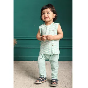 Polka Tots Elephant Print Sleeveless Jhabla and Pant Set - Light Green