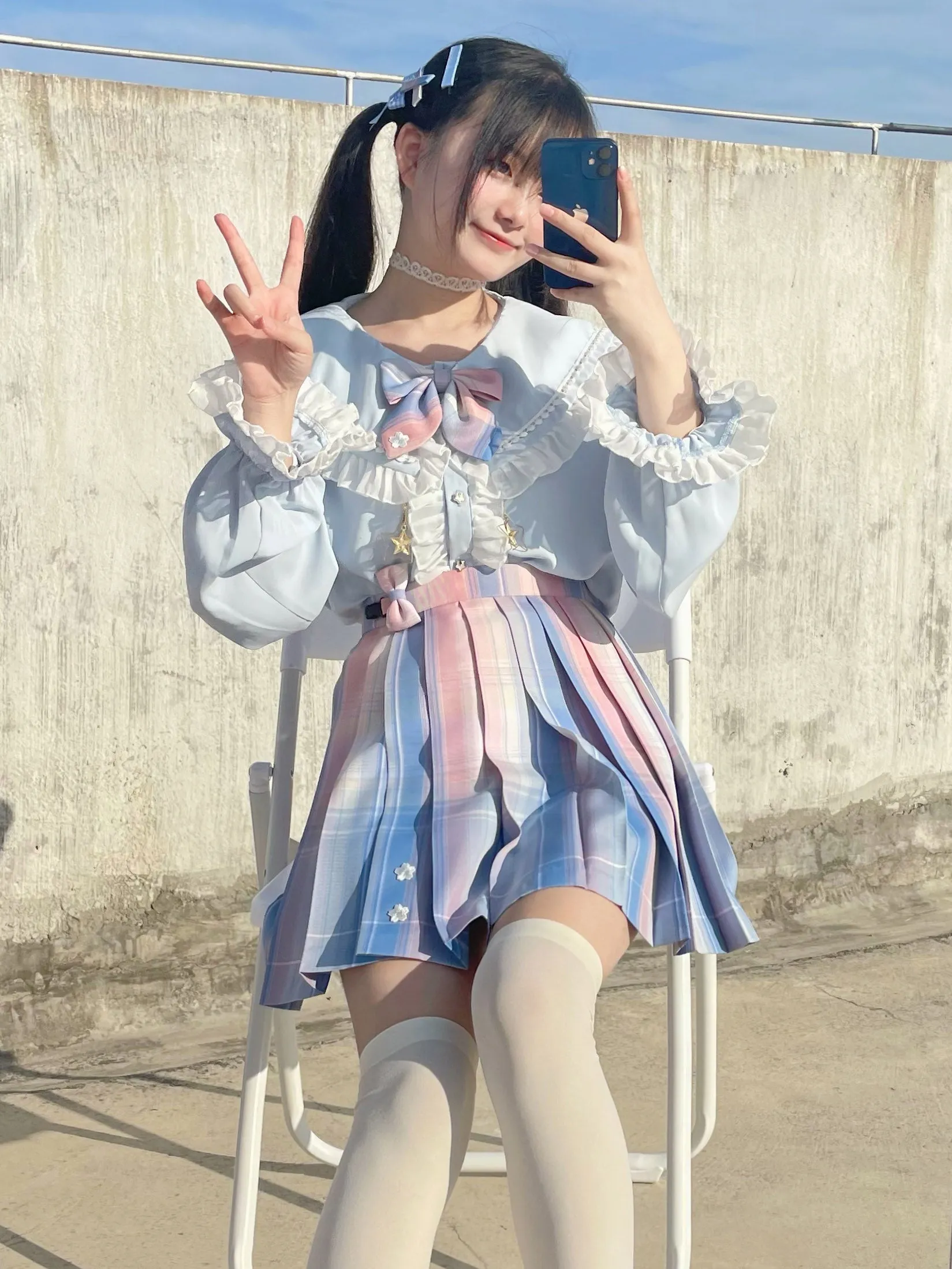 Sakura Cherry Blossoms Seifuku Plaid Pink Blue Gradient Short Mini Skirt